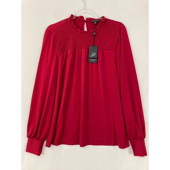 Adrianna Papell Tops - New Adrianna Papell Blouse Large Red Smocked Ruffle Neck Long Sleeve Preppy